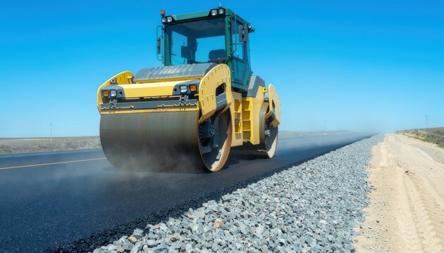 Yellow road roller compacting fresh asphalt on a highway shoulder in a flat, arid landscape under a clear blue sky.