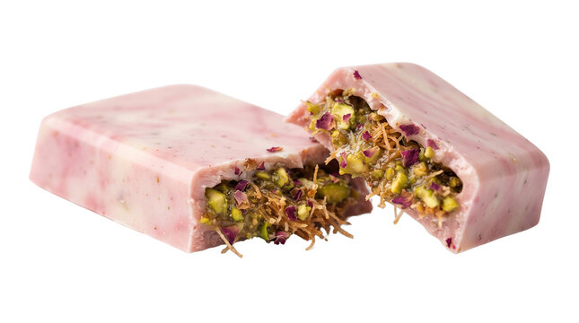 Gourmet Dubai chocolate bar with pink ruby coating, pistachio and knafeh filling bar, sweet dessert macro isolated on white