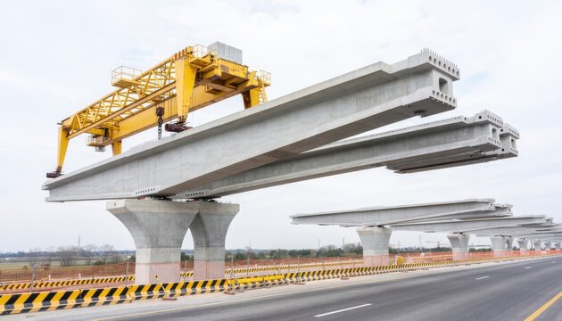 Precast concrete bridge beams being placed on piers by a yellow gantry crane along a multi-lane highway under construction.