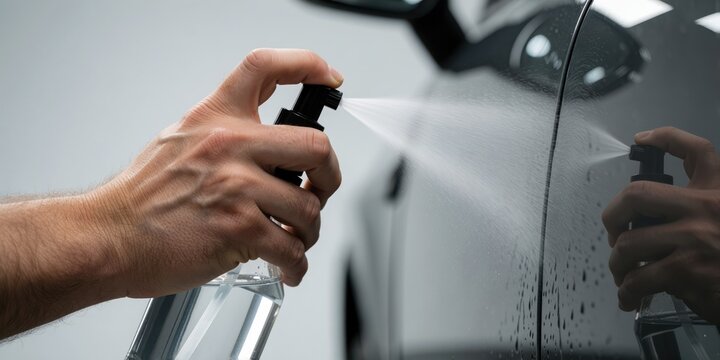 Man detailing a black car with a spray bottle, applying ceramic coating or detailing spray for protection and shine in a garage