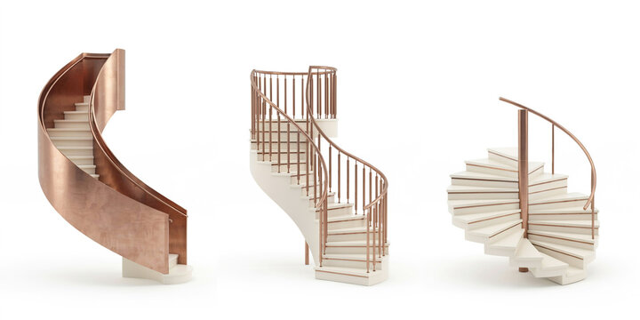 Three spiral staircases with copper railings and white steps isolated on a plain white background