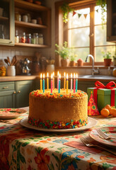 Fototapeta premium Birthday celebration and family gathering, cake with lit candles on a kitchen table with gift and party hat for a festive home party and anniversary