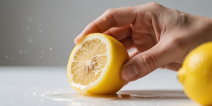 Hand squeezing a fresh yellow lemon half on a white surface with juice splashing for food and beverage concepts