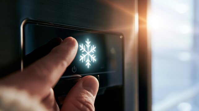 Hand adjusting cooling settings on contemporary fridge panel, activating the illuminated snowflake icon for freezing