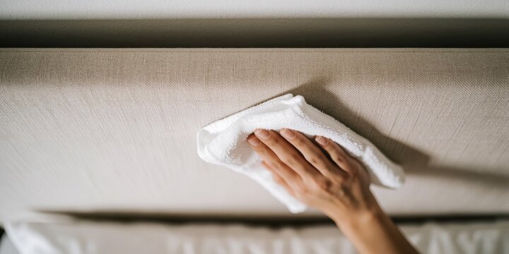 Person cleaning fabric headboard with white cloth representing household chores and bedroom maintenance
