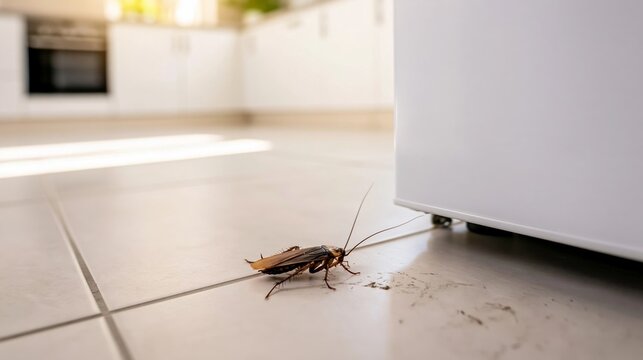 Cockroach moving across a soiled tiled kitchen floor next to a white refrigerator, representing unhygienic conditions and pest issues