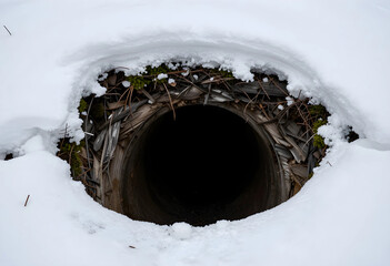 Fototapeta premium Winter survival and hibernation concept, dark animal burrow entrance surrounded by fresh white snow and dry forest debris in a cold natural landscape