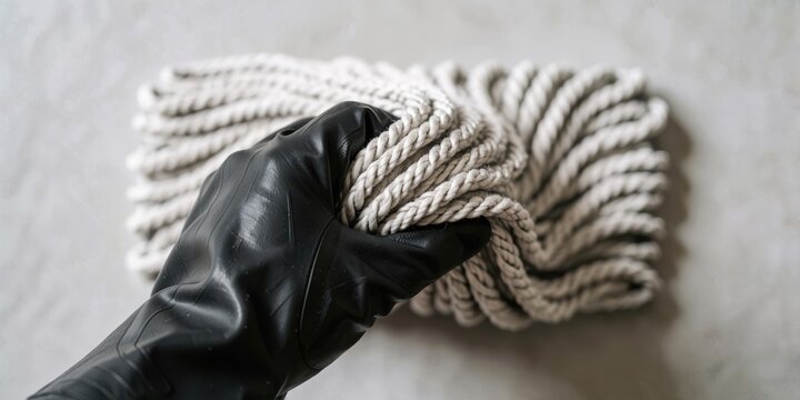 Gloved hand wringing out a thick cotton mop head for deep floor cleaning and housekeeping tasks
