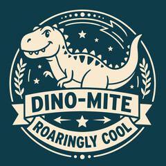 Dino-mite cartoon dinosaur logo design. Playful prehistoric creature illustration. T-Rex. Retro branding for merchandise and labels. Vector illustration. © Keiwehajuof