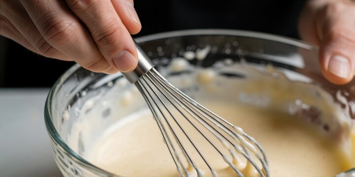 Chef whisking yellow cake batter in a clear glass bowl for baking preparation in kitchen