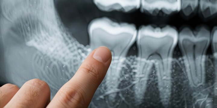 Dentist pointing at dental x-ray of human teeth showcasing oral health diagnostic and medical examination concept
