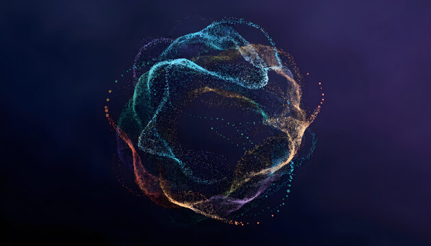 Glowing spherical cloud of multidimensional particles. Quantum entanglement and cyber universe concept. Colorful glowing specks orbiting in a ring formation against deep violet backdrop