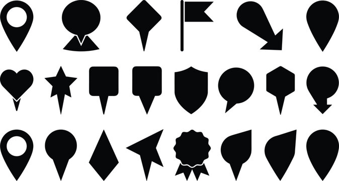 Map pin icon set featuring location marker silhouettes flag pointer heart star and navigation arrow symbols