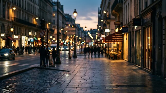 Silhouettes of pedestrians stroll along a wet city street at dusk
