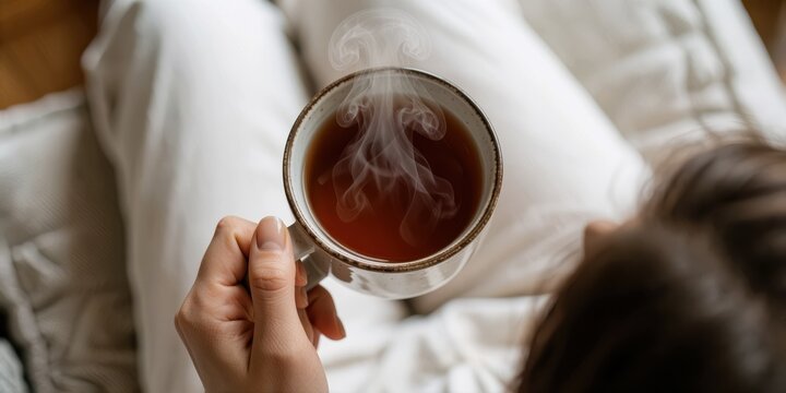 Woman holding a steaming hot cup of tea or coffee while relaxing cozy at home during winter, warm beverage concept for mindfulness and comfort