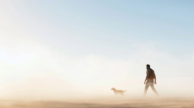 Man walking with dog through golden dust and haze in minimalist desert, representing companionship, adventure, and exploration