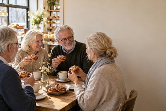 Four smiling senior friends eating cinnamon buns with coffee at wooden table in cozy bakery cafe, retirement leisure