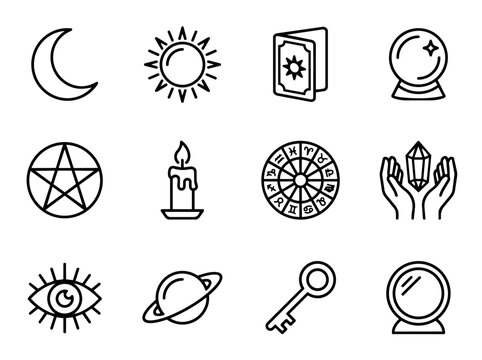 Astrology and magic witchcraft line icons featuring crescent moon sun tarot card crystal ball pentagram candle zodiac wheel and third eye