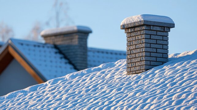 Snow Covered Rooftops and Chimneys on a Cold Winter Day with Clear Blue Sky