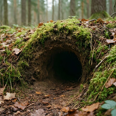 Fototapeta premium Wildlife habitat and animal burrow in forest, nature conservation and biodiversity concept, wild animal den entrance in mossy ground with autumn leaves