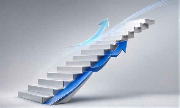 Staircase with blue arrows symbolizing upward progress and ambition toward success.