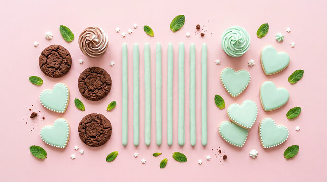 Pastel colored cookies cupcakes and candies arranged on a pink background