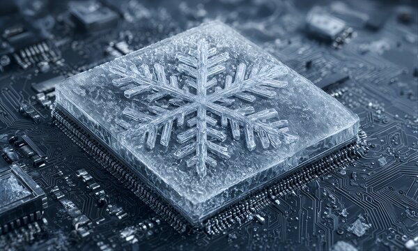 Snowflake on icy chip, symbolizing cold tech innovation and futuristic computing power.