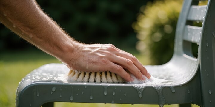 Person cleaning plastic garden chair with soapy brush outdoors, spring cleaning and maintenance concept for patio furniture