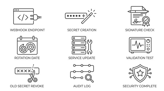 Web security and encryption key management icons set for developer workflow and secret rotation.