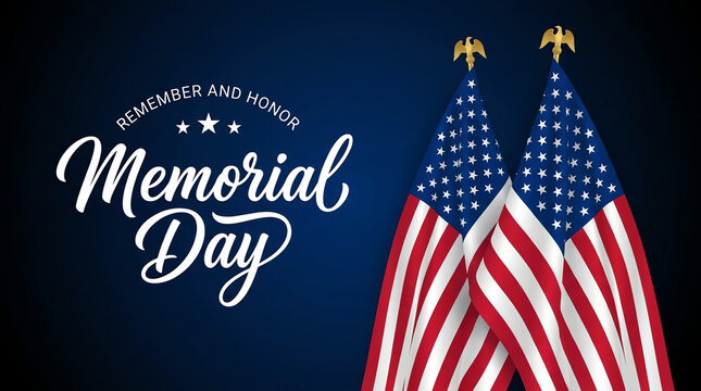 Memorial day greeting card with american flags and remember and honor text