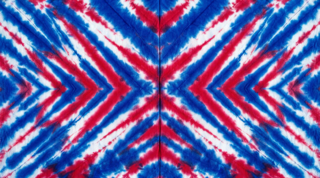 Red white and blue tie dye fabric pattern with geometric chevron stripes