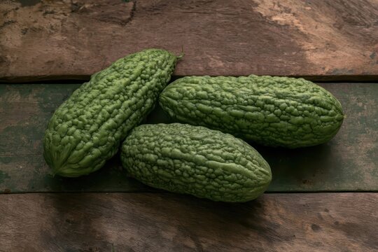Three green bitter melons on a rustic wooden table