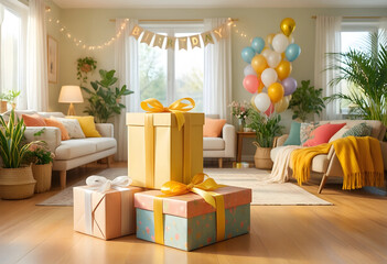 Fototapeta premium Birthday celebration and surprise party, gift boxes with ribbons in a cozy living room with balloons and festive decorations for a home event