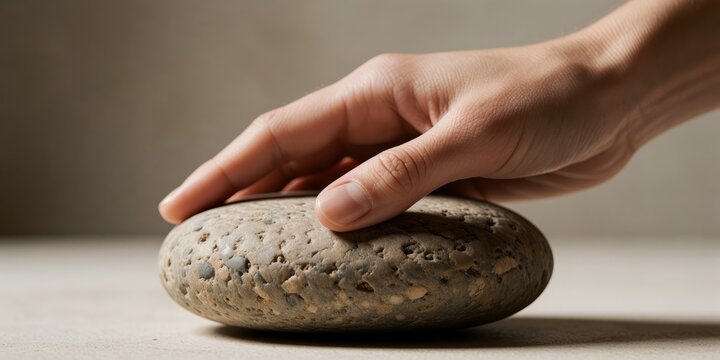 Adult woman touching a smooth river stone texture background concept of mindfulness wellness and therapy