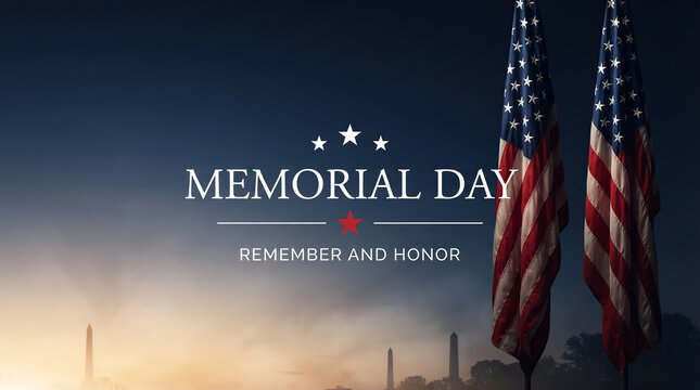 Memorial day greeting card with american flags and text remember and honor