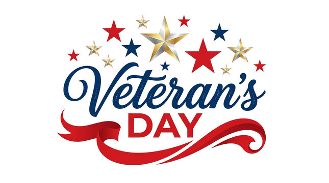 Veteran's day text design with red white and blue stars and a flowing ribbon