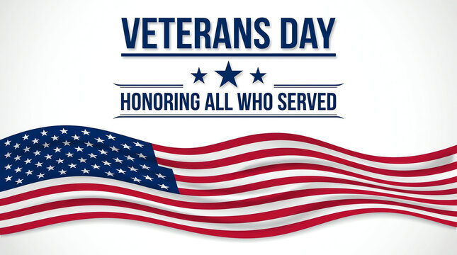 American flag waves beneath a veterans day typographic design on white
