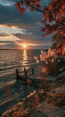 Fototapeta premium Serene Autumn Sunset Over Calm Water with Rustic Dock and Fall Foliage
