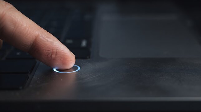 Finger touching a fingerprint sensor on a laptop for secure login
