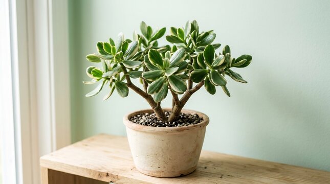 Variegated jade plant with cream leaf edges in a ceramic pot on a wooden table near a bright window