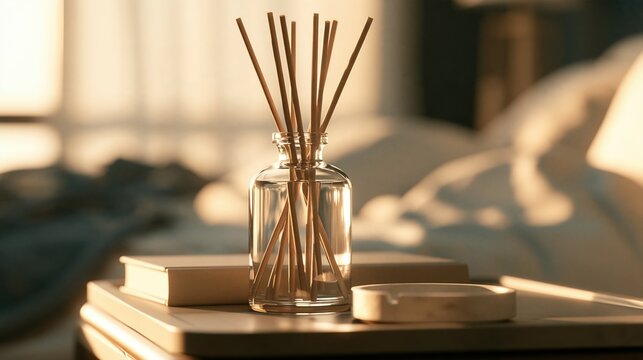 Glass reed diffuser with essential oil and wooden sticks on bedside table with books and soft light