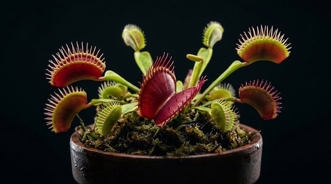 Venus flytrap carnivorous plant with open traps in a terracotta pot on dark background