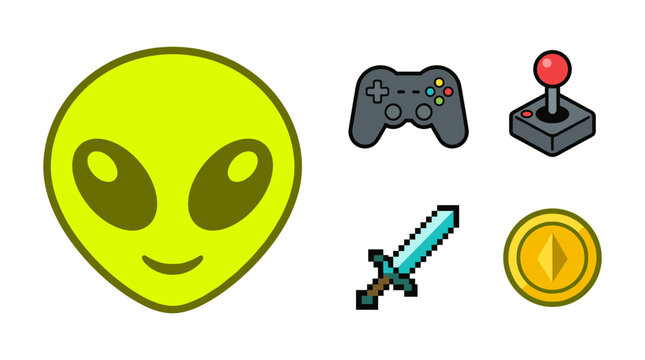 Green alien face head with gaming icons gamepad joystick sword and coin collection for game design and avatar creations.