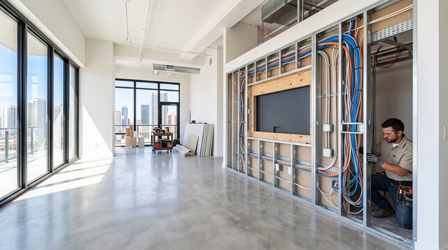 Professional electrician installing complex wiring for custom TV media wall during modern renovation