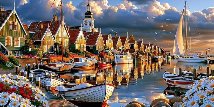Idyllic European Harbor Village Scene with Sailing Boats and Colorful Houses at Sunset
