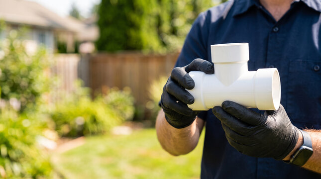 Professional technician wearing gloves carefully inspecting a PVC T-fitting for plumbing installation outdoors