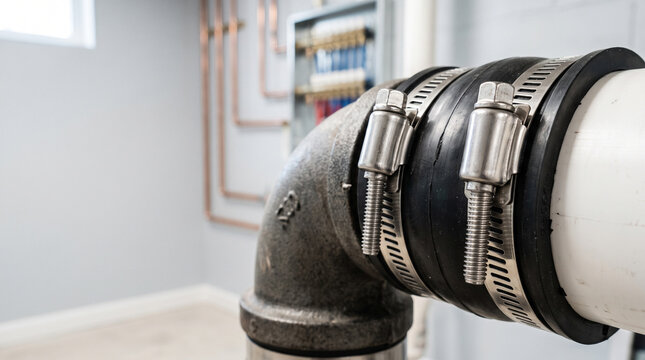 Robust rubber coupling connects cast iron and PVC sewer pipes with metal clamps