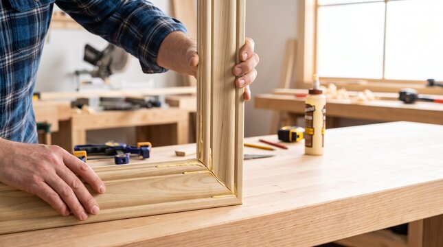 Skilled craftsman meticulously gluing mitered door casing sections for a finish carpentry project