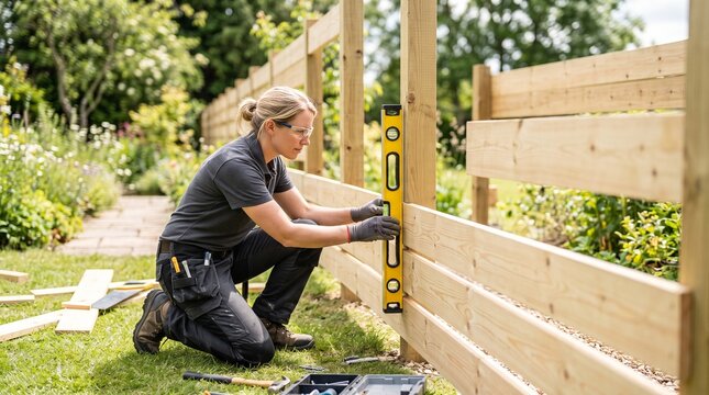 Skilled woman checking new fence board alignment during outdoor repair and construction process