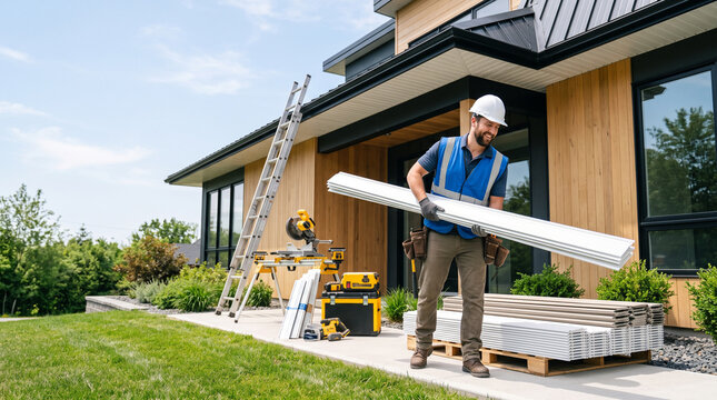 Smiling construction worker in safety vest carrying soffit panels for modern home installation